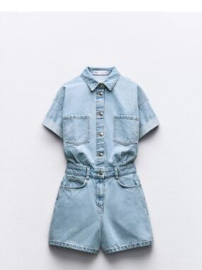 Zara Light Blue Denim Short Jumpsuit